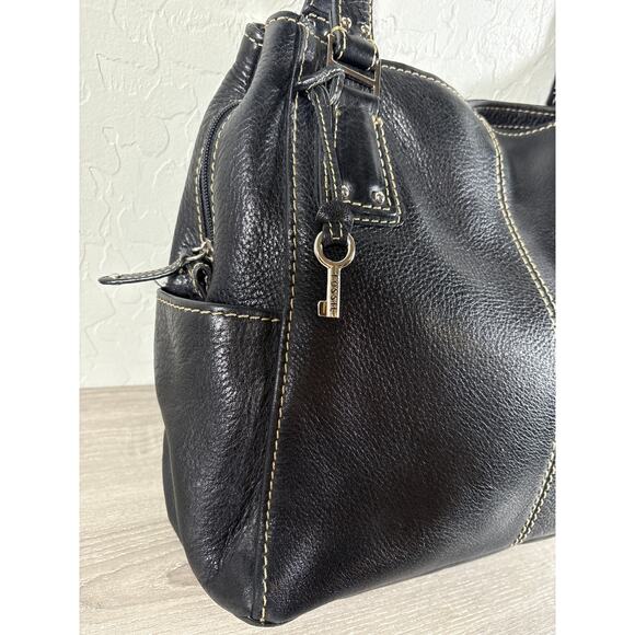 Vintage Fossil 75082 Black Pebbled Leather Handbag Silver Hardware Key - Picture 3 of 8